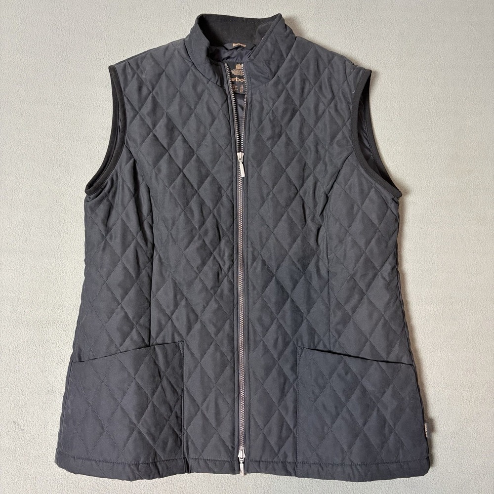 Barbour Black Diamond Quilt Vest Women's Size 12 Mock Neck Front Pockets Coat